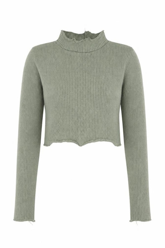 Front view of PRETTYLITTLETHING Women Green Mock Neck Ribbed Slim Fit Jumper, size 4