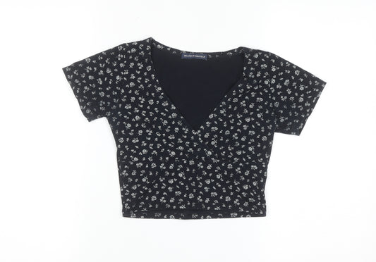 Brandy Melville Women’s Black Floral Cropped V-Neck Top One Size