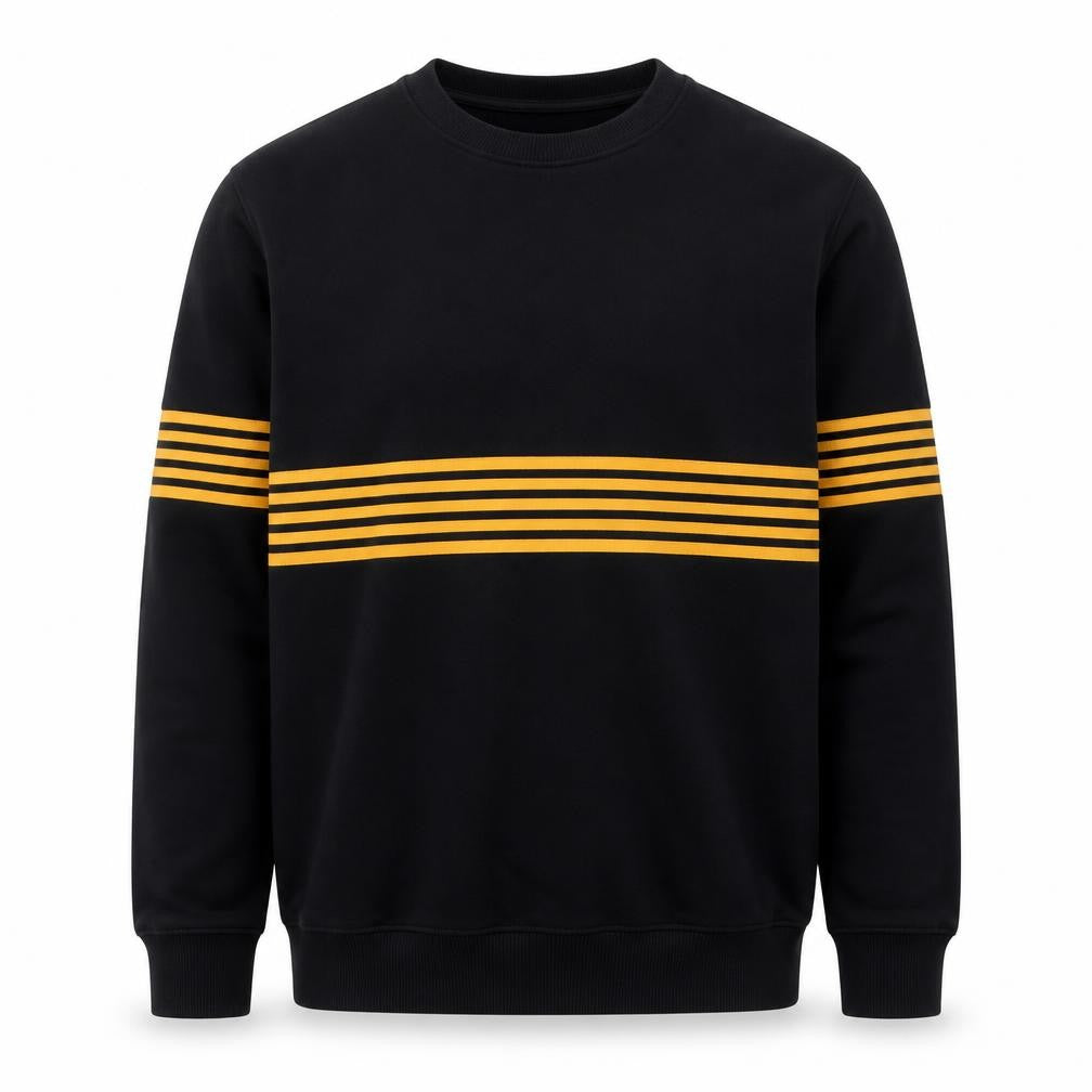 Front view of New Look Men Black & Yellow Striped Pullover Sweatshirt M