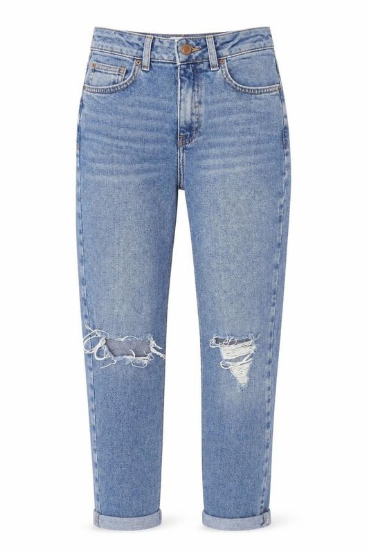 Front view of New Look Women's Blue Tori Mom Jeans, size 6, Distressed Denim