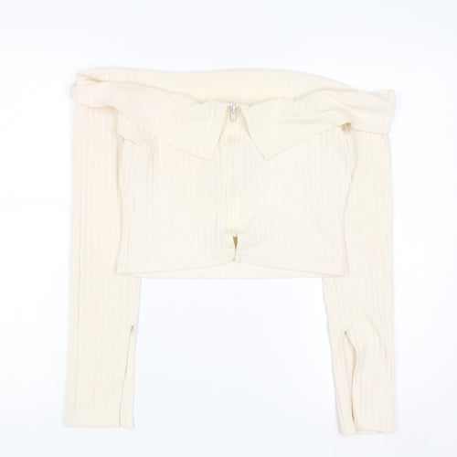 PrettyLittleThing Women’s Ivory Off Shoulder Zip Rib Knit Jumper Size 10