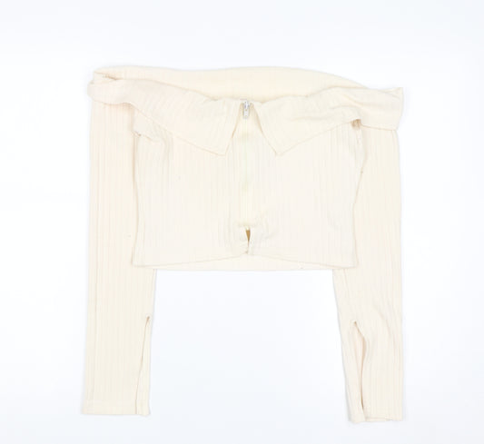 PrettyLittleThing Women’s Ivory Off Shoulder Zip Rib Knit Jumper Size 10