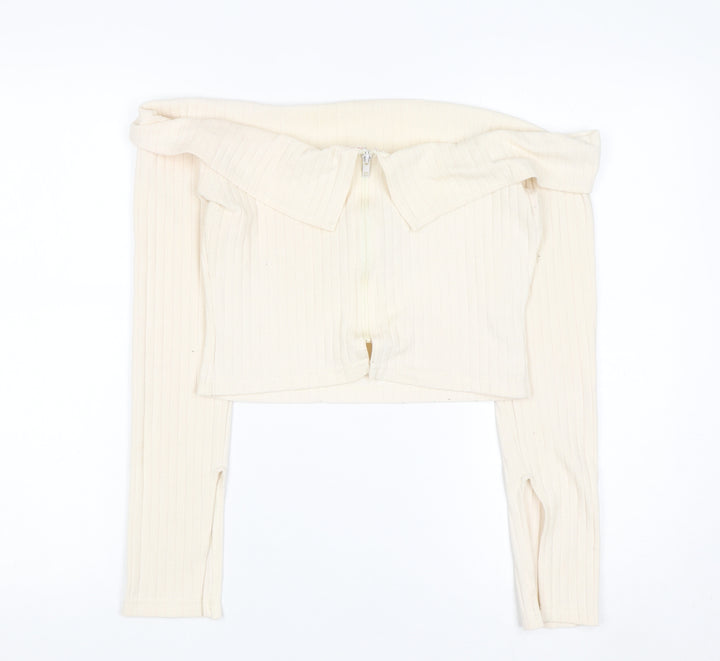 PrettyLittleThing Women’s Ivory Off Shoulder Zip Rib Knit Jumper Size 10