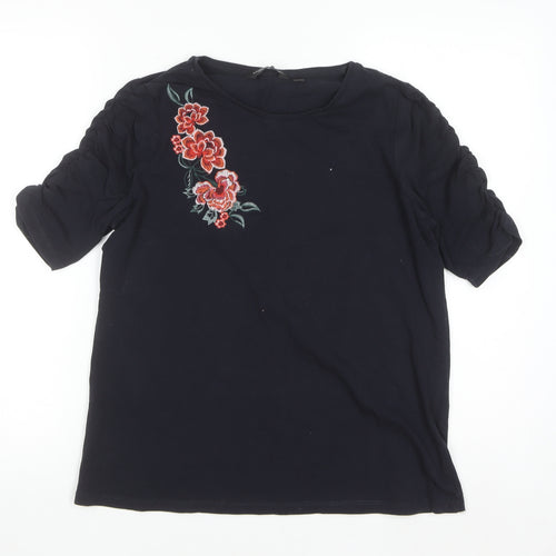 Dorothy Perkins Women Black Embroidered Floral Cotton T-Shirt UK 14