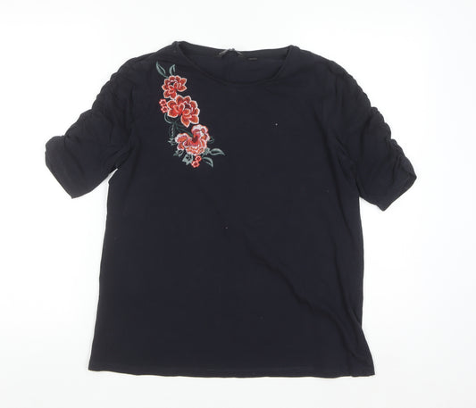 Dorothy Perkins Women Black Embroidered Floral Cotton T-Shirt UK 14