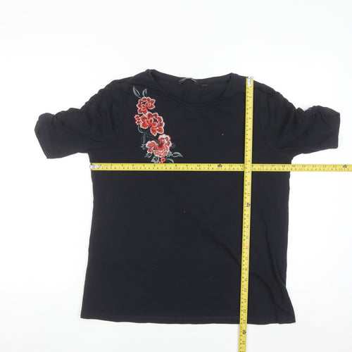 Dorothy Perkins Women Black Embroidered Floral Cotton T-Shirt UK 14
