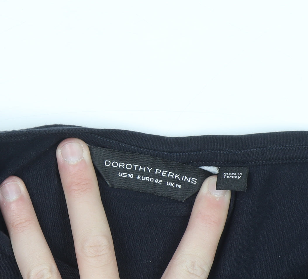 Dorothy Perkins Women Black Embroidered Floral Cotton T-Shirt UK 14