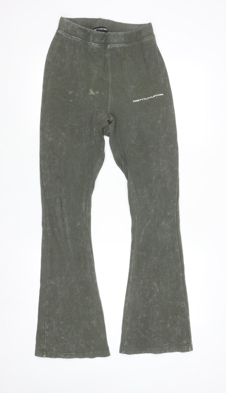 PrettyLittleThing Women's Green Flared Ribbed Trousers Size 14
