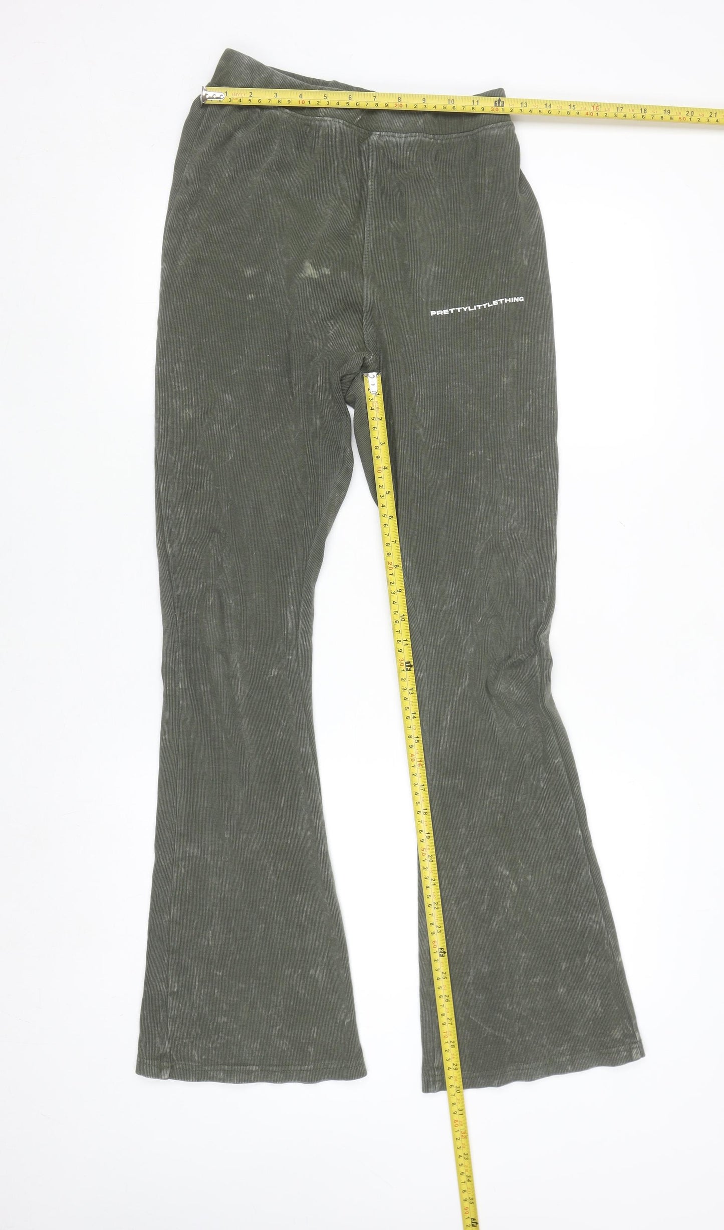 PrettyLittleThing Women's Green Flared Ribbed Trousers Size 14