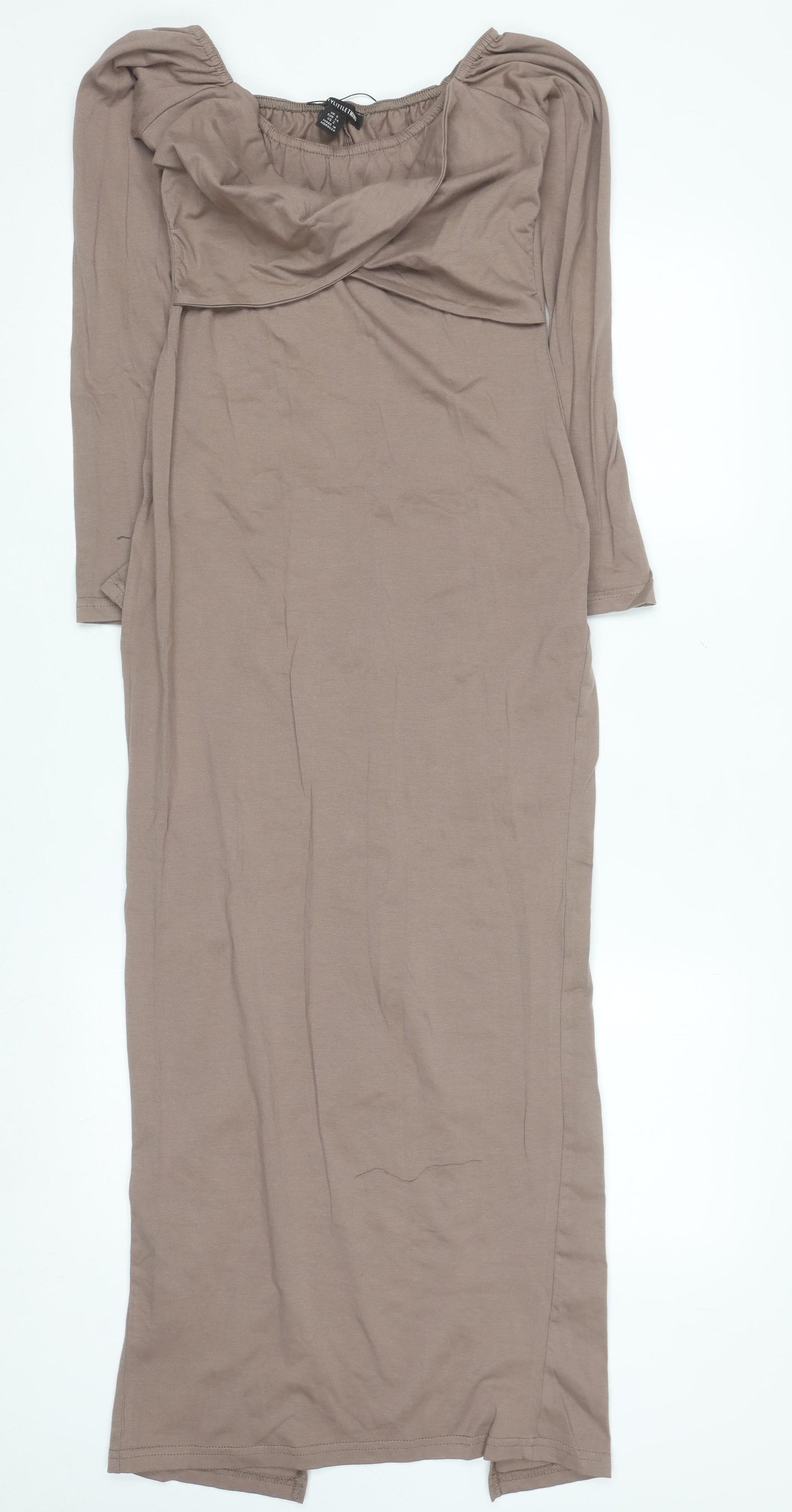 PrettyLittleThing Women Brown UK 6 Long Sleeve Off Shoulder Bodycon Dress