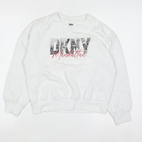 DKNY Girls White Graphic Manhattan Sweatshirt M 8-10 Years Cotton Blend