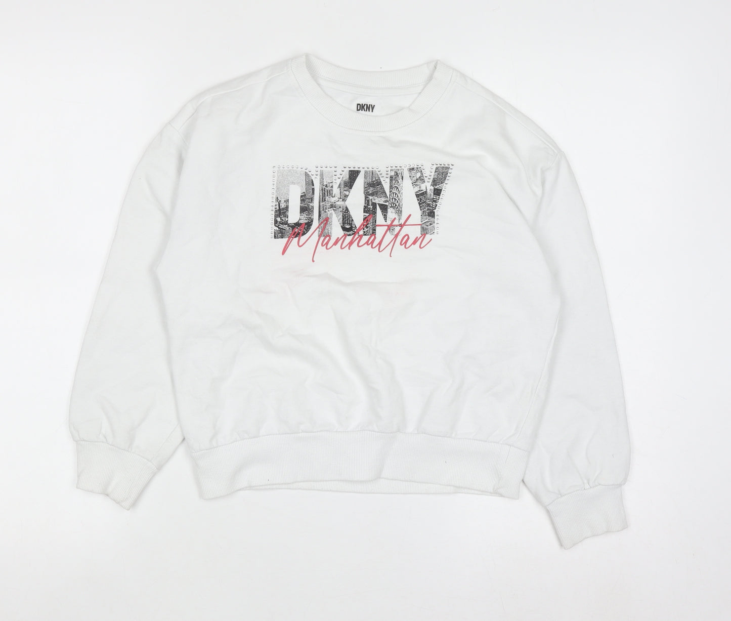 DKNY Girls White Graphic Manhattan Sweatshirt M 8-10 Years Cotton Blend