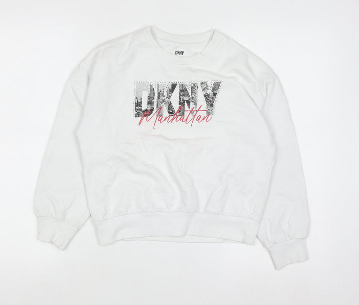 DKNY Girls White Graphic Manhattan Sweatshirt M 8-10 Years Cotton Blend