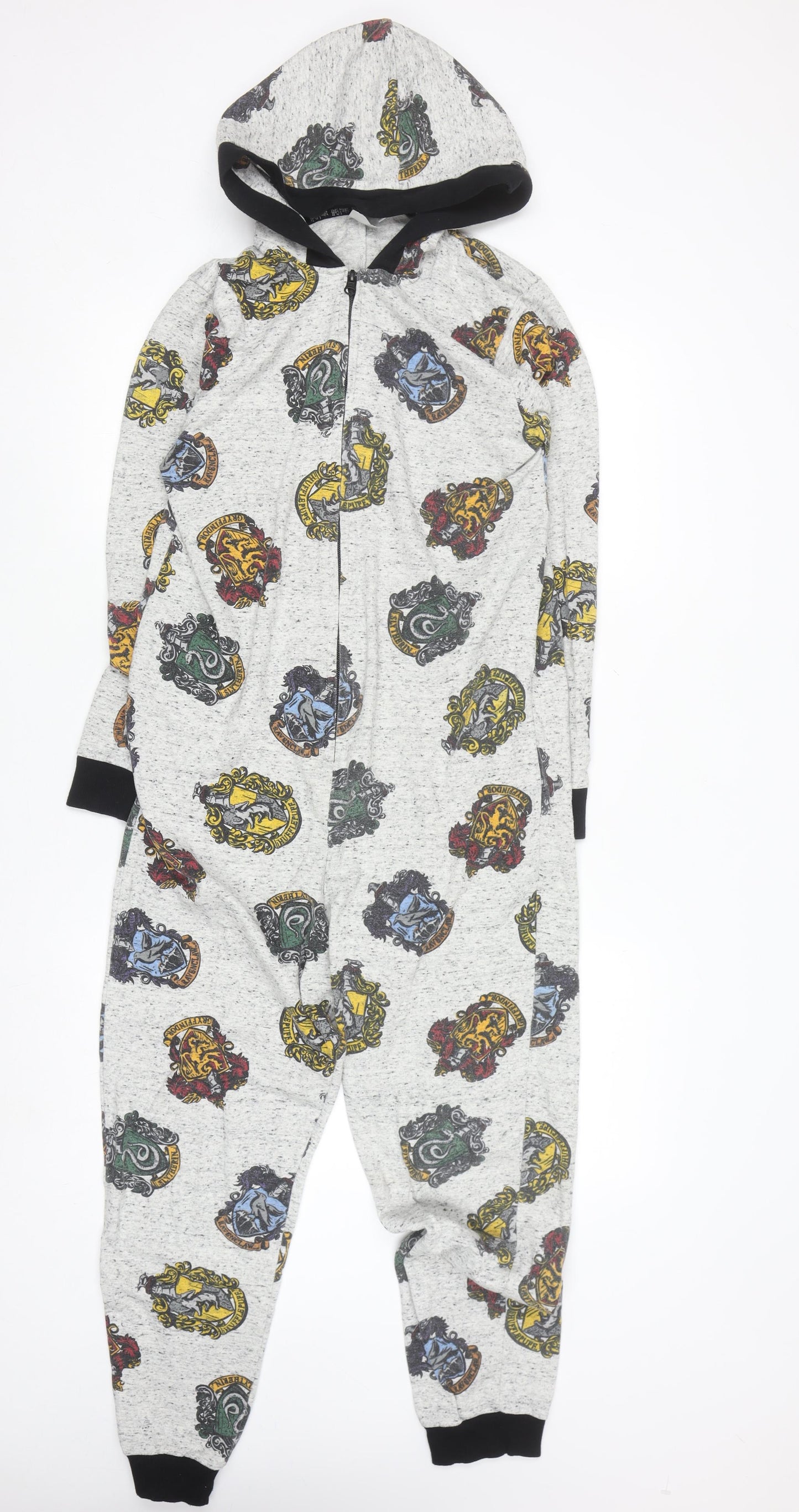 Harry Potter Boys Grey Hooded One Piece Pyjamas Size 11-12 Years Hogwarts Print