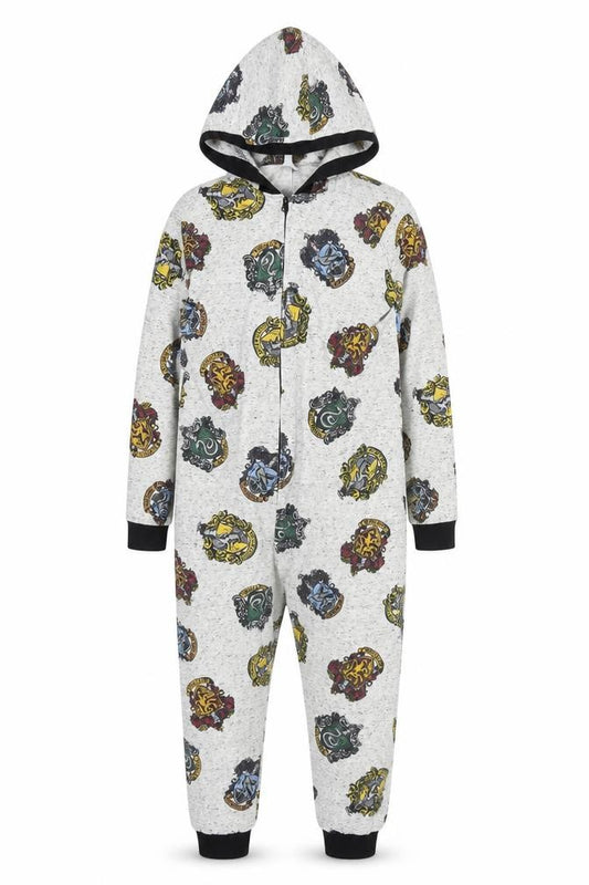 Harry Potter Boys Grey Hooded One Piece Pyjamas Size 11-12 Years Hogwarts Print