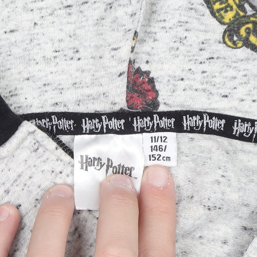 Harry Potter Boys Grey Hooded One Piece Pyjamas Size 11-12 Years Hogwarts Print