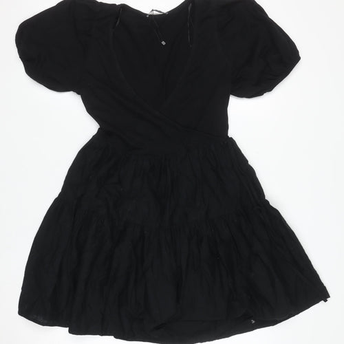 ZARA Women Black XS Short Puff Sleeve Cotton Wrap Dress