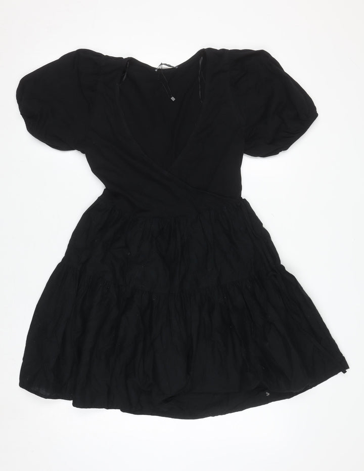 ZARA Women Black XS Short Puff Sleeve Cotton Wrap Dress