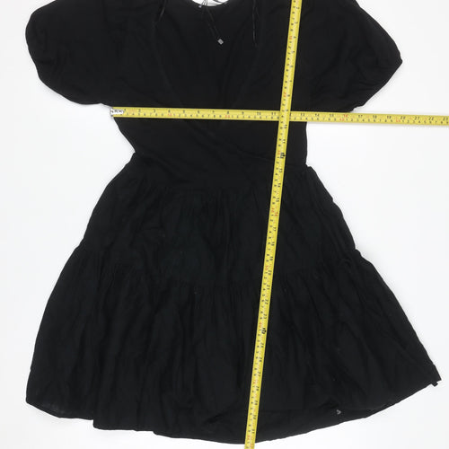 ZARA Women Black XS Short Puff Sleeve Cotton Wrap Dress