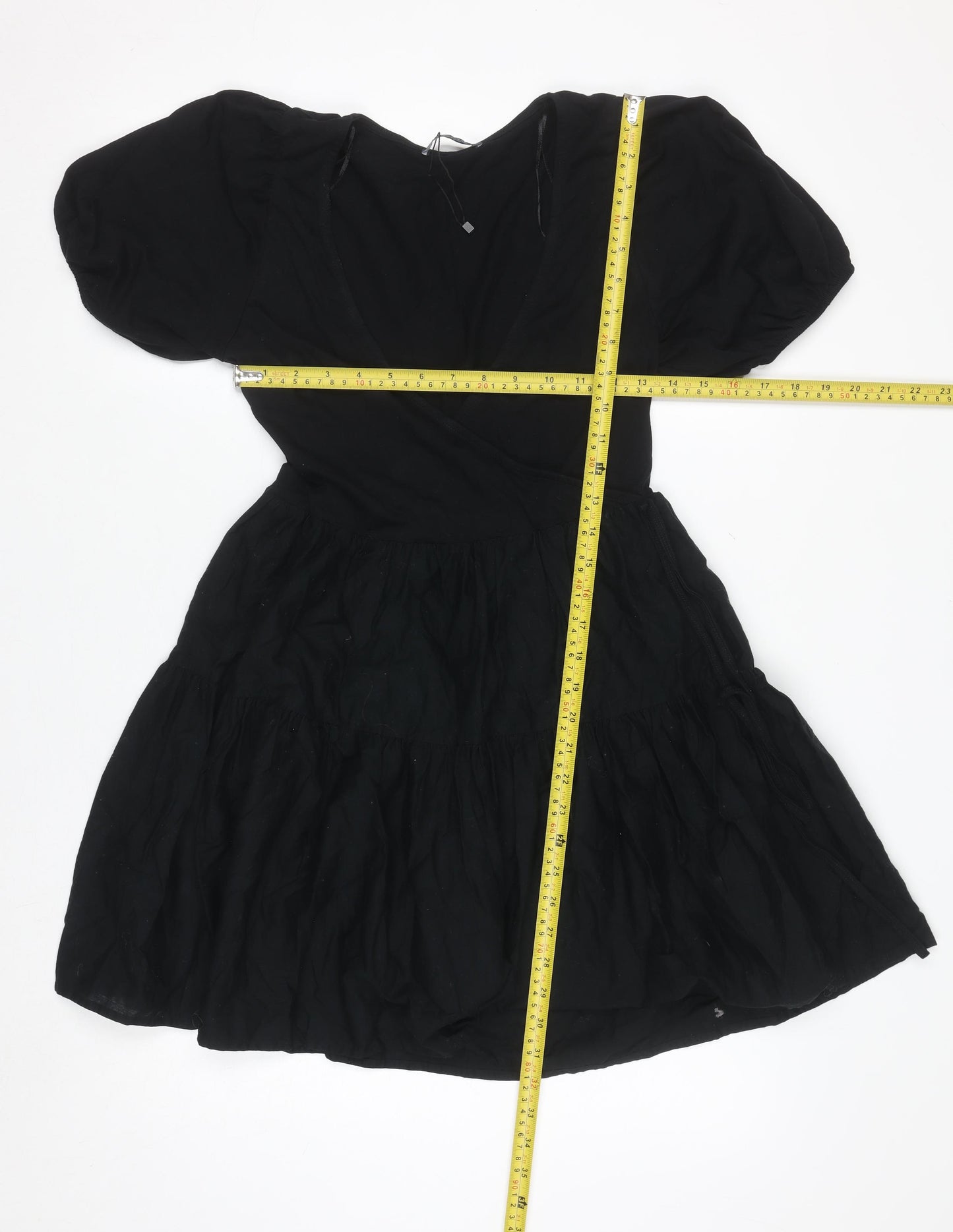 ZARA Women Black XS Short Puff Sleeve Cotton Wrap Dress