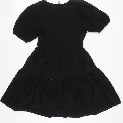 ZARA Women Black XS Short Puff Sleeve Cotton Wrap Dress