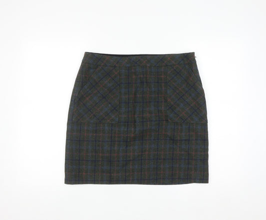 White Stuff Women's Green Wool Tweed Plaid Pencil Skirt UK 12
