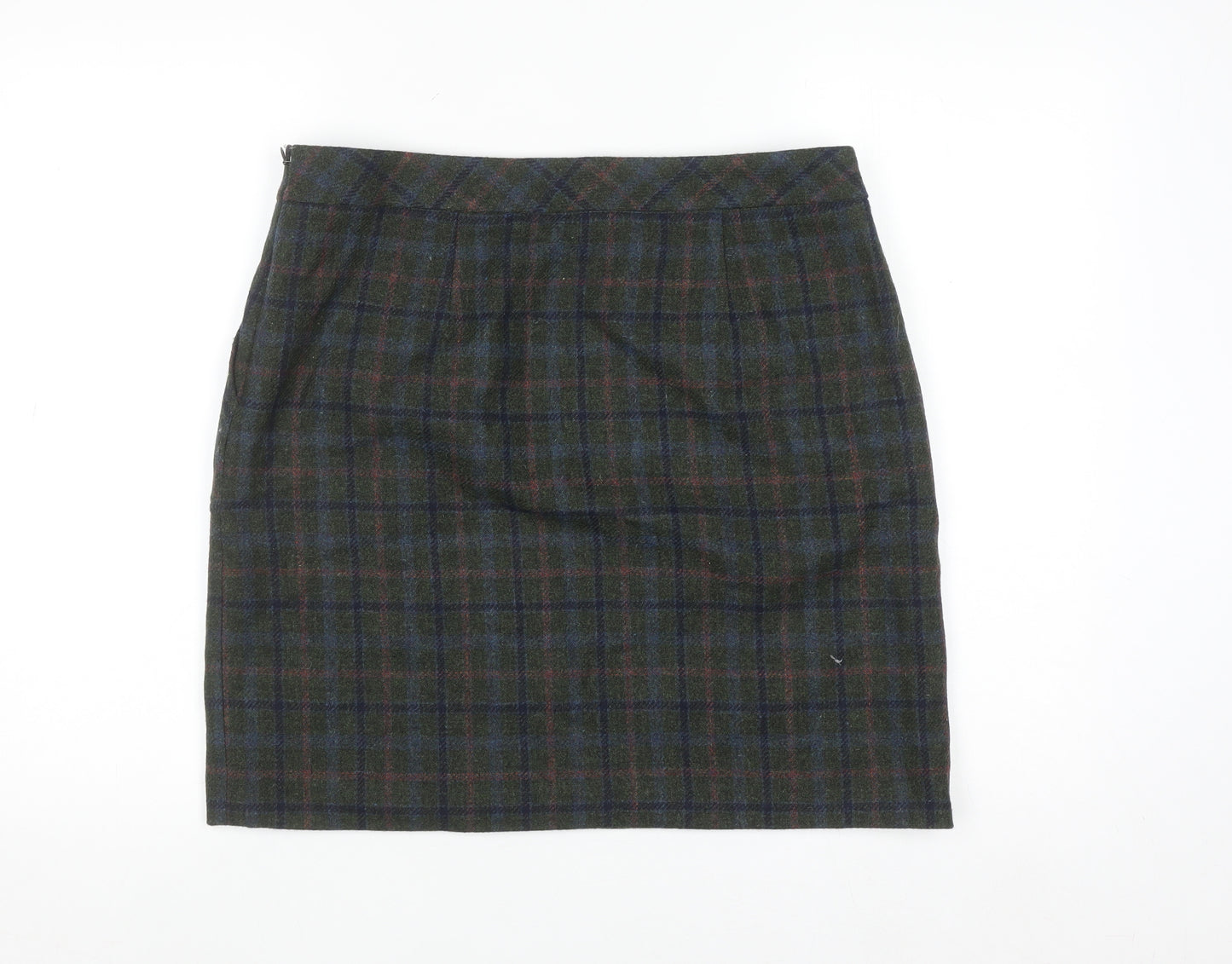 White Stuff Women's Green Wool Tweed Plaid Pencil Skirt UK 12