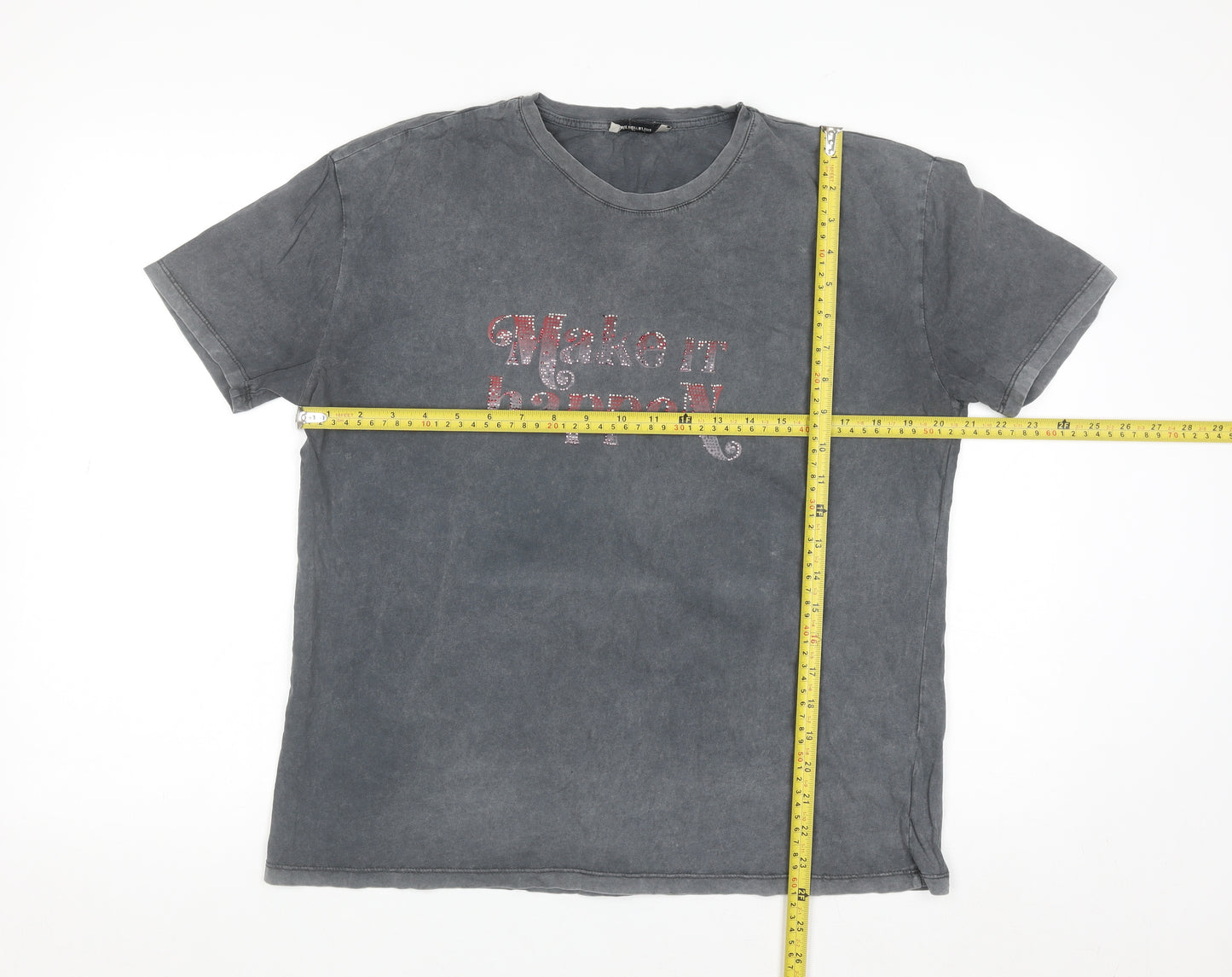 Stradivarius Womens Grey Rhinestone T-Shirt Size 14 Regular Fit