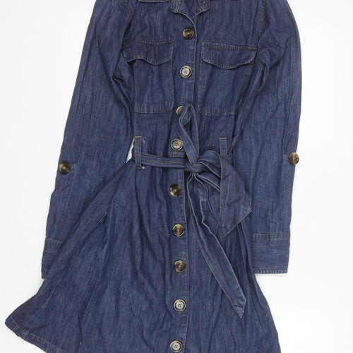 Warehouse Women Blue Denim Shirt Dress UK 10 Belted Long Sleeve