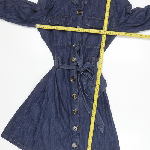 Warehouse Women Blue Denim Shirt Dress UK 10 Belted Long Sleeve