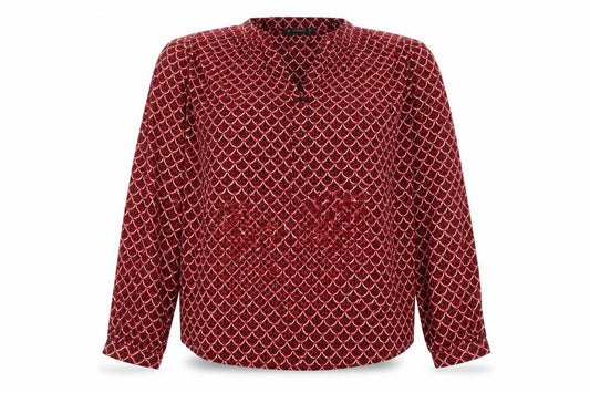 Front view of Dunnes Women’s Red Geometric Long Sleeve Polyester Blouse, size M