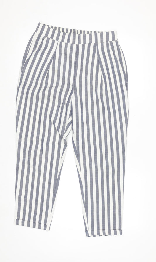 Stradivarius Women Blue White Striped Cropped Linen Blend Trousers Size 12