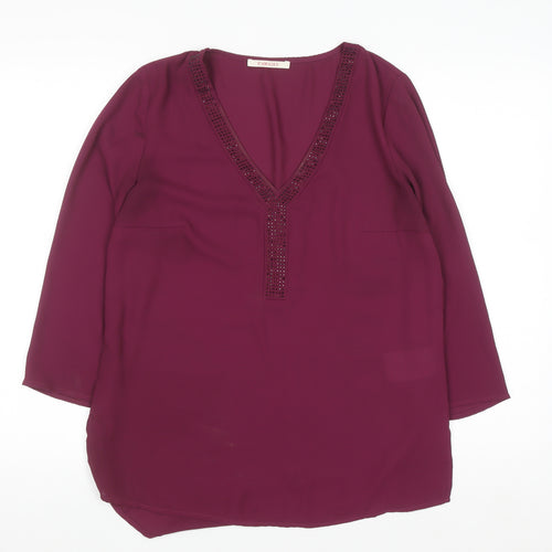 Camaïeu Womens Purple Beaded V-Neck Tunic Blouse Size 8