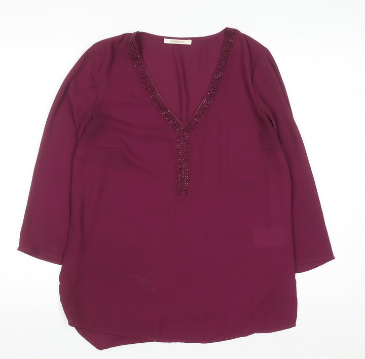 Camaïeu Womens Purple Beaded V-Neck Tunic Blouse Size 8