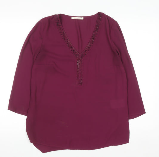 Camaïeu Womens Purple Beaded V-Neck Tunic Blouse Size 8