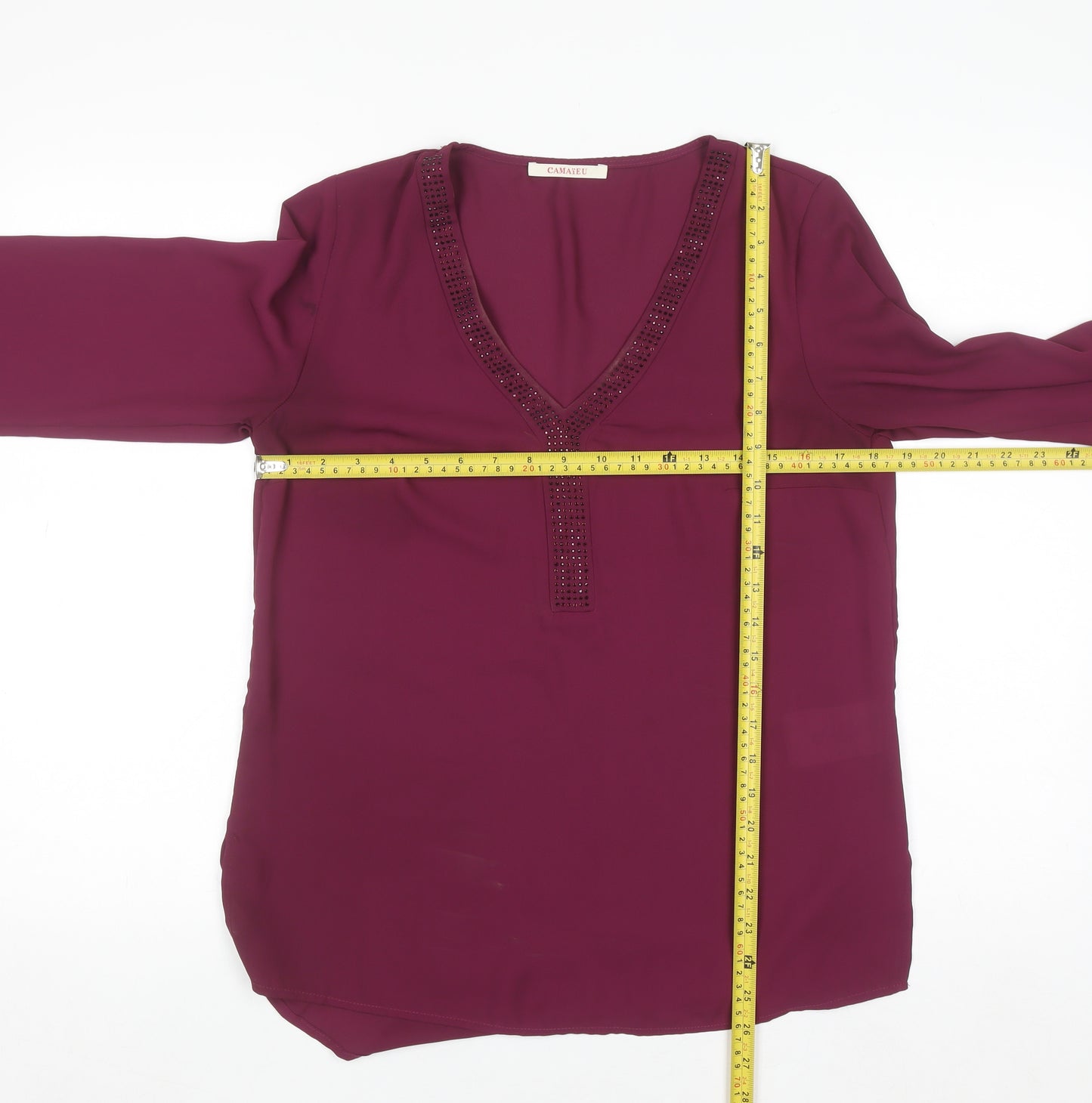 Camaïeu Womens Purple Beaded V-Neck Tunic Blouse Size 8