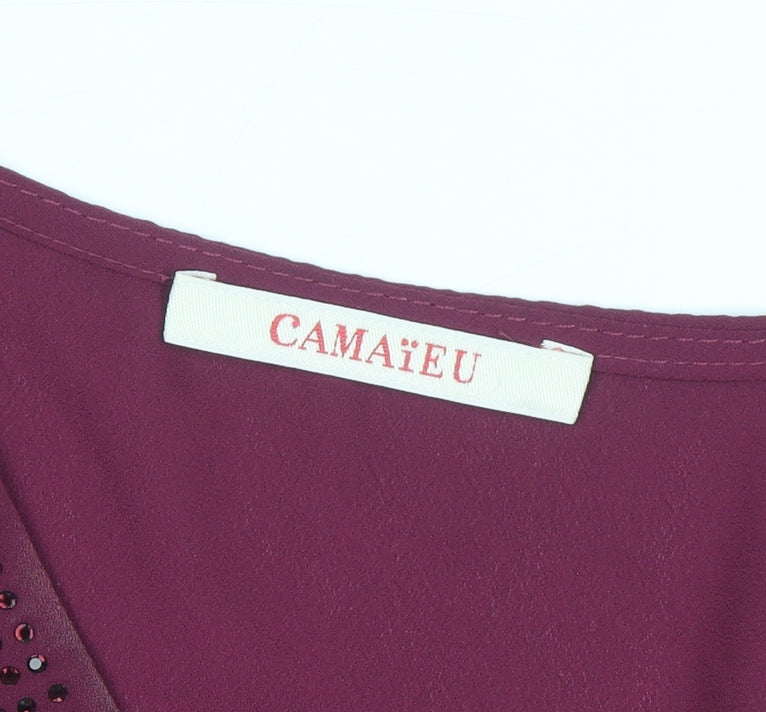 Camaïeu Womens Purple Beaded V-Neck Tunic Blouse Size 8