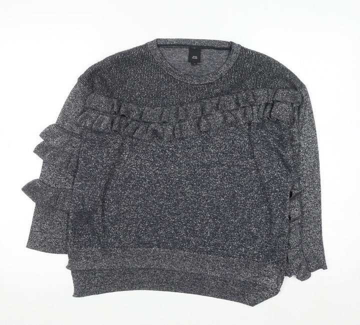 River Island Women's Grey Ruffle Knit Jumper Size 10