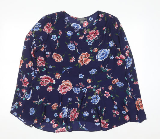 Primark Women's Navy Floral Long Sleeve Peplum Blouse Size 18