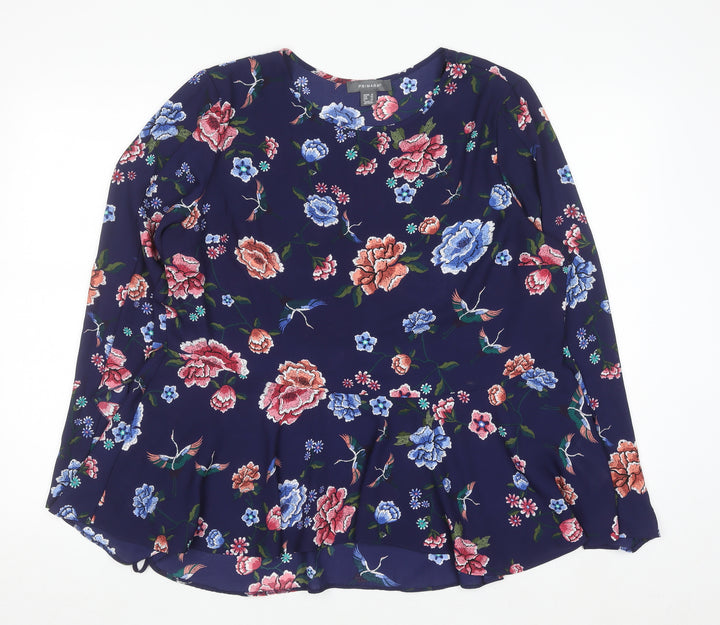 Primark Women's Navy Floral Long Sleeve Peplum Blouse Size 18