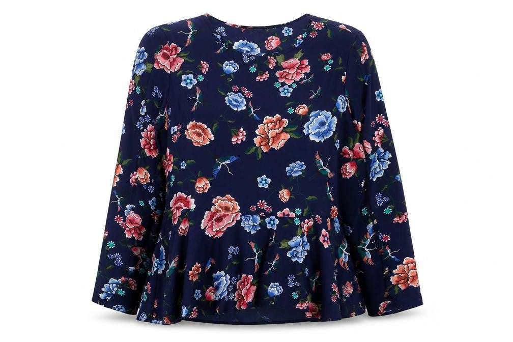 Front view of Primark Women's Navy Floral Long Sleeve Peplum Blouse, size 18