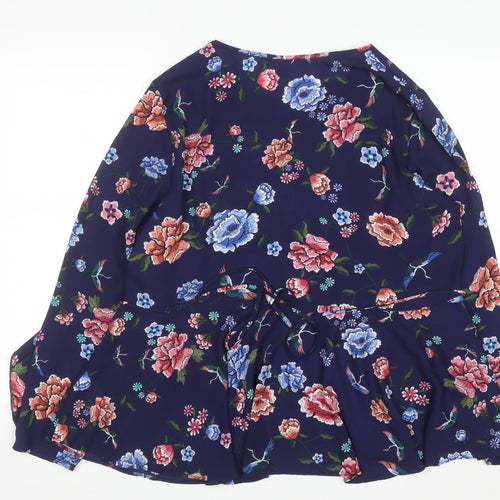Primark Women's Navy Floral Long Sleeve Peplum Blouse Size 18