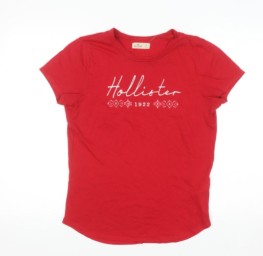Hollister Women Red Embroidered Logo T-Shirt Size L Casual Cotton Blend