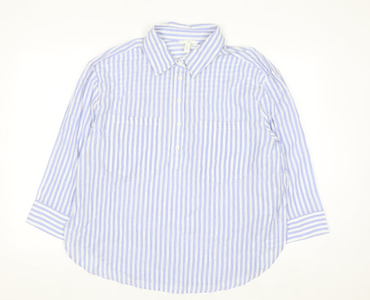 H&M Women Blue Striped Cotton Button-Up Shirt Size 14