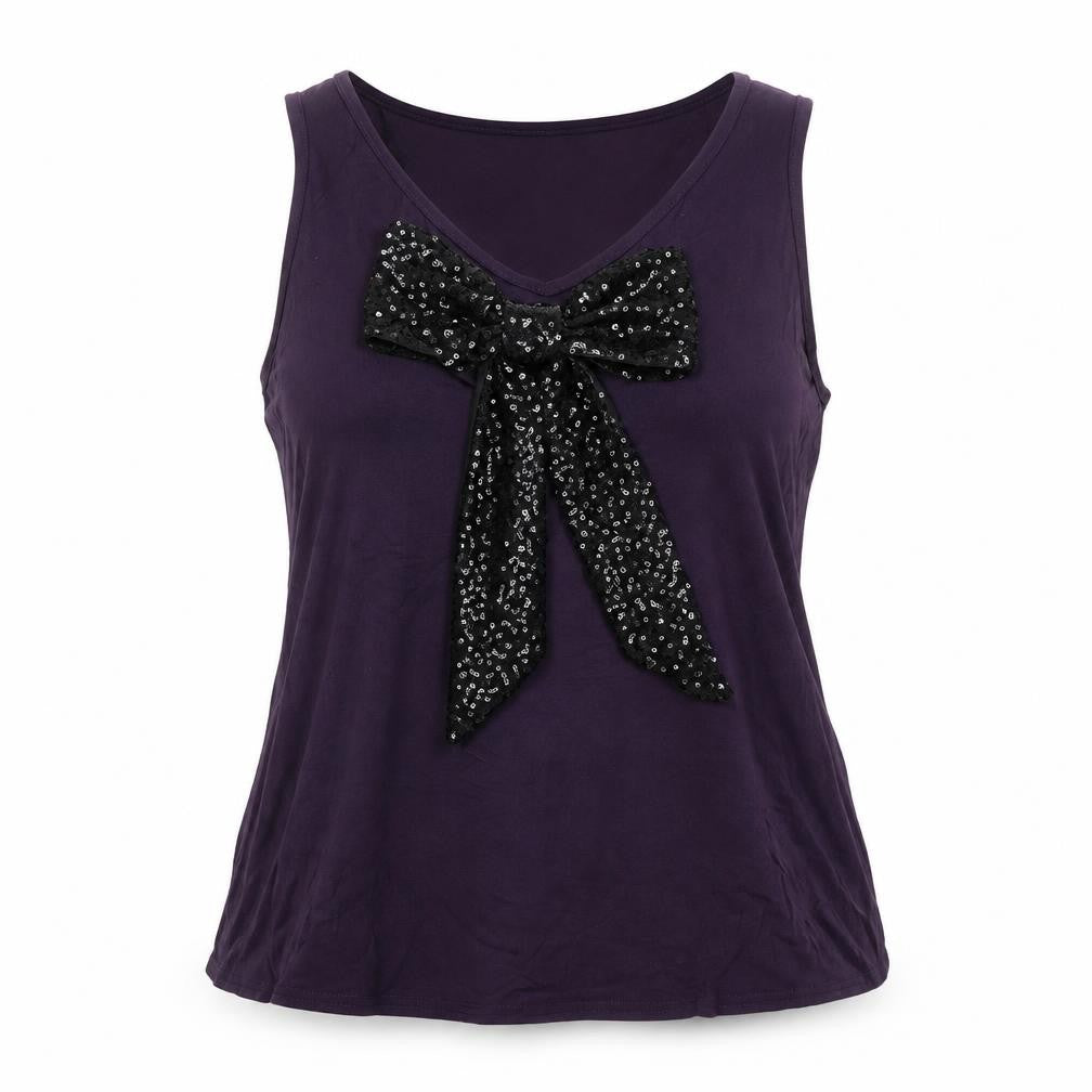 Front view of Inspire Women's Purple Sequin Bow Sleeveless Camisole Top, size 18