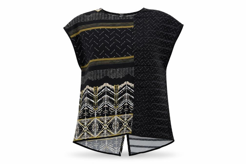 Front view of Next women’s black geometric tunic blouse, size UK 16