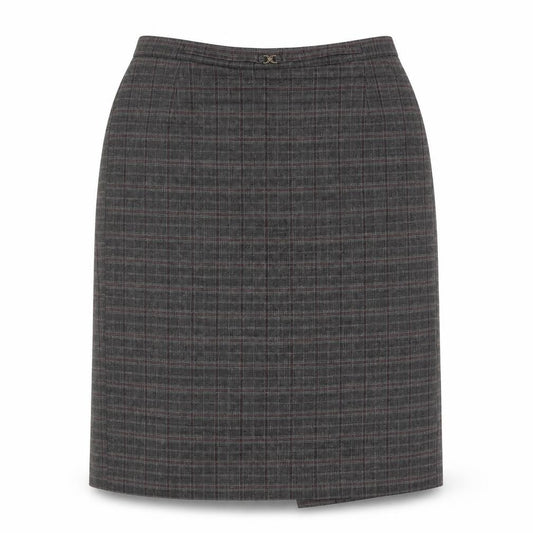 Front view of Mystify Women’s Grey Checked Pencil Skirt, size UK 12, Elastic Waist Lined