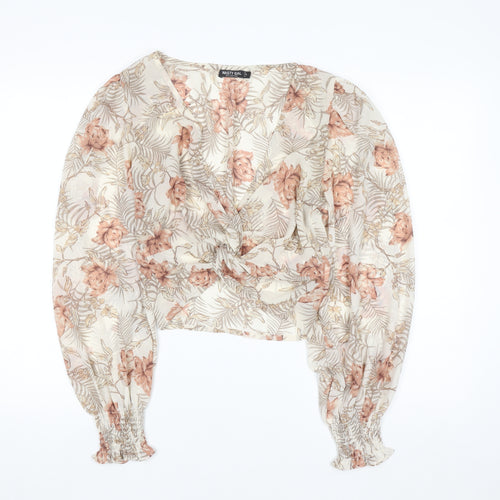 Nasty Gal Womens Beige Floral Wrap Chiffon Blouse Size 8