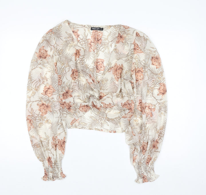 Nasty Gal Womens Beige Floral Wrap Chiffon Blouse Size 8