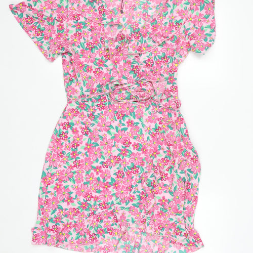 Boohoo Women’s Pink Floral Wrap Short Dress Size 10